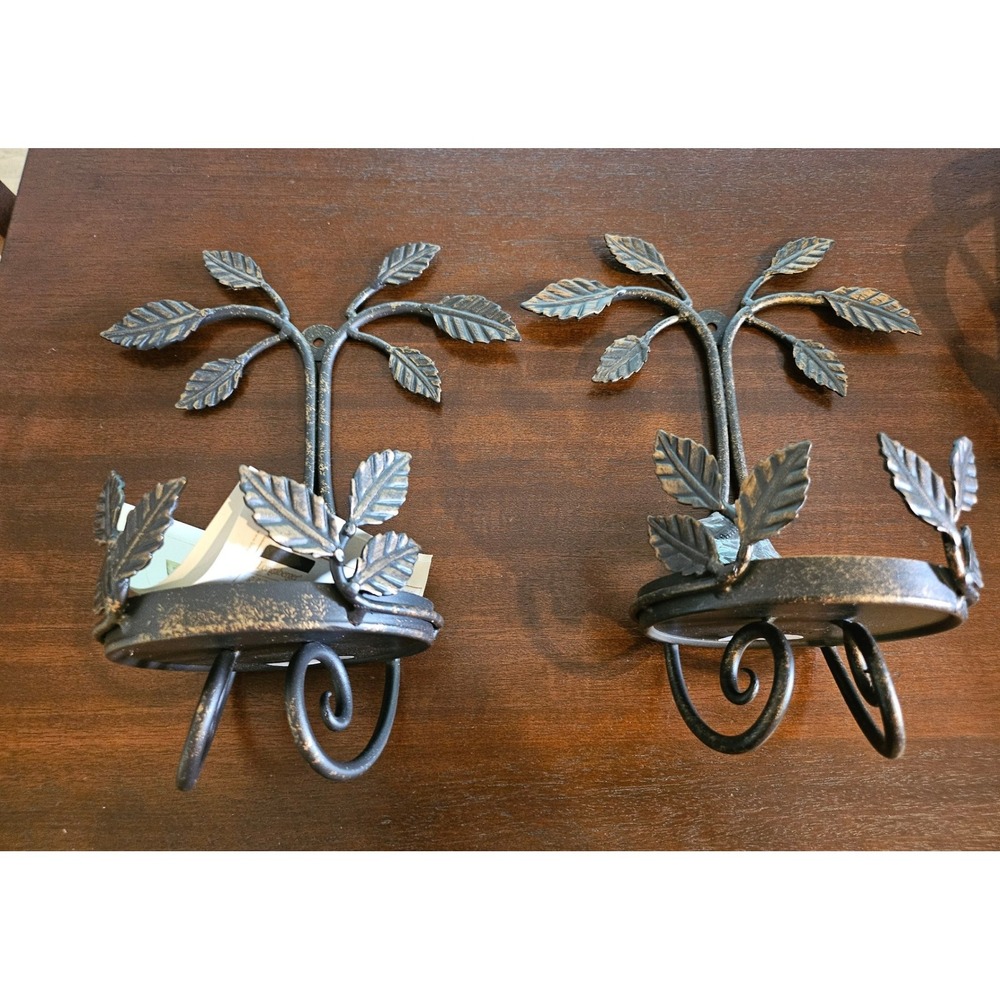 Longaberger Wrought Iron Wall Sconces Pair Bronze Leaf Vine Motif Candle Holders